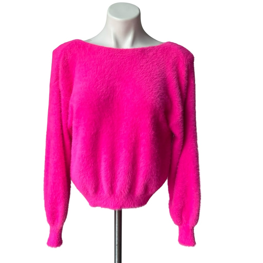Forever 21 Hot Pink Fuzzy Cropped Sweater Drop Back Twist Knot, Sz S